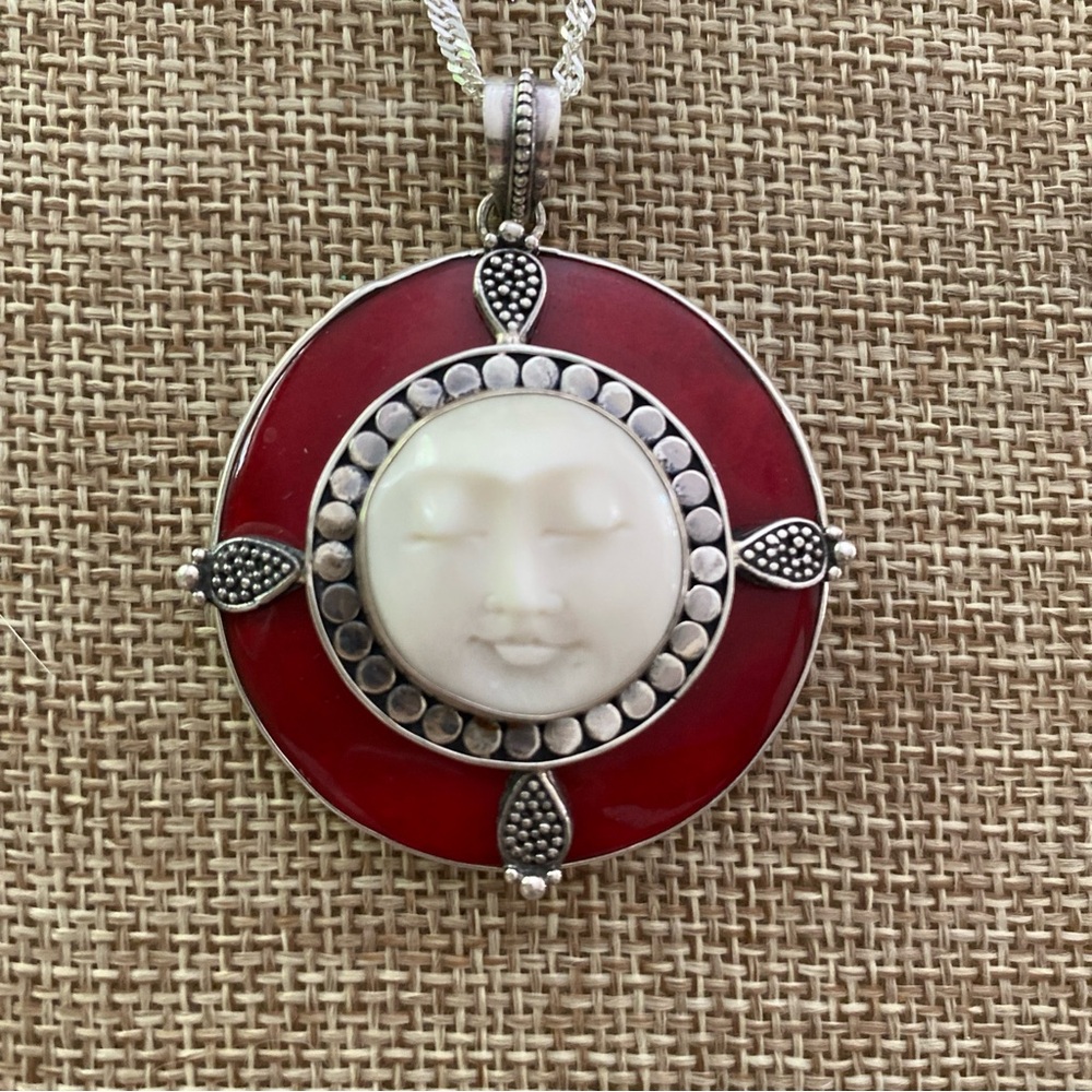 Sterling Silver Red Stone Moon Face Pendant Necklace - Picture 2 of 4